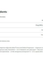 Ingredient list for Olimp Labs Chela-Mag B6+D3 supplement, showing components and nutritional values.